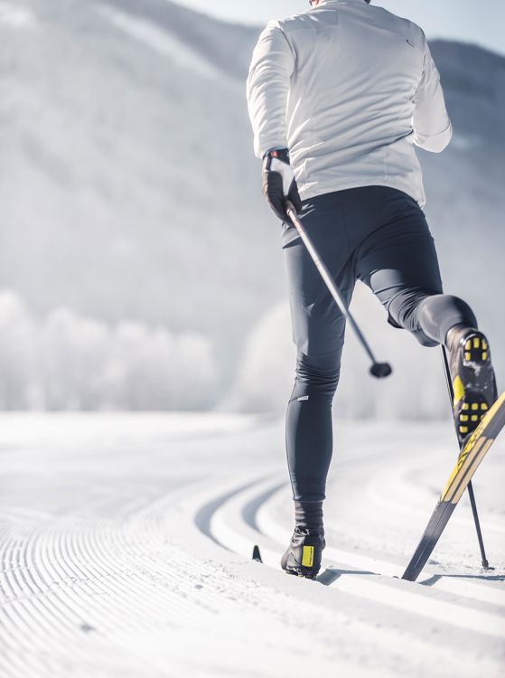 A cross-country skier seen from behind